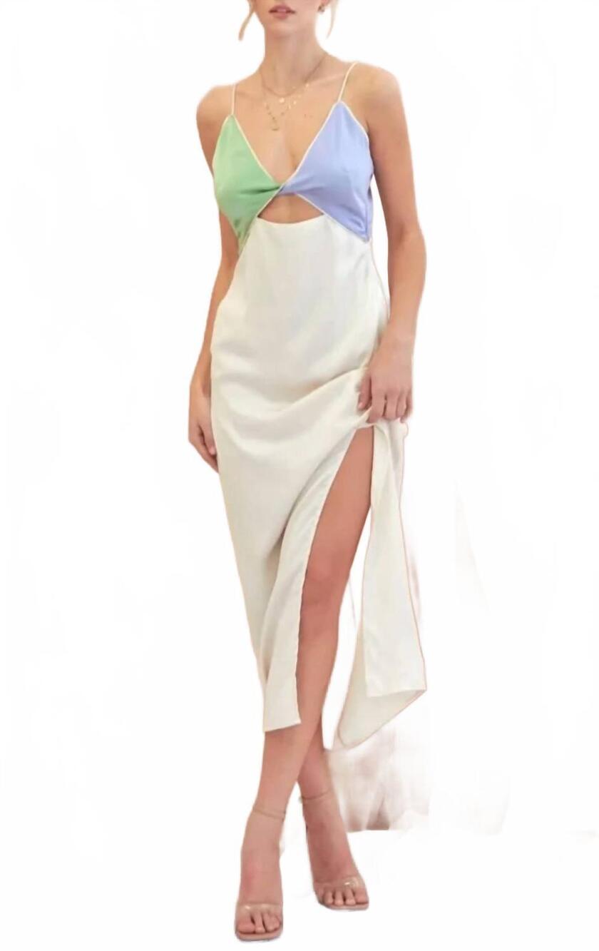 NEW FORE COLLECTION leah color block slip dress in blue/green/ivory